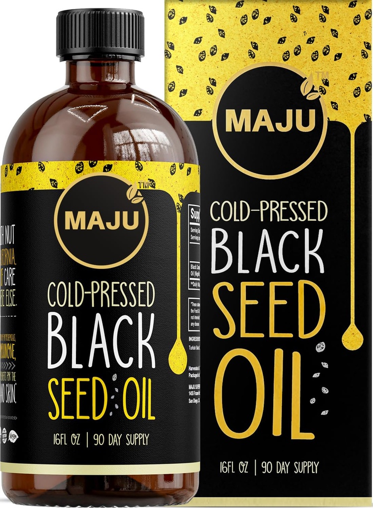 Óleo de semente preta da MAJU 16 onças: 3X Thymoquinone, prensado a frio, 100% Turco Black Cumin Nigella Sativa Seed Oil (Melhor do que Orgânico), Non-GMO, 100% Líquido Puro Óleo de semente preta, Garrafa de vidro
