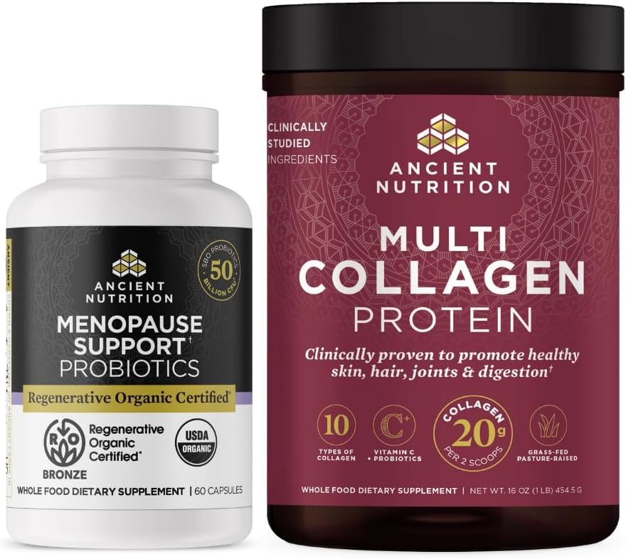 Nutrição antiga Regenerativo Orgânico Certificado Probióticos para Menopausa, 60 Count + Multi Collagen Protein Powder sem sabor, 45 Servings