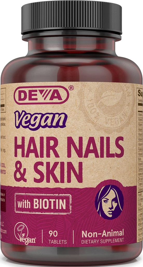 Deva cabelo Vegan, unhas & Vitaminas da pele & Minerais com Biotina, Suplemento, 90 Comprimidos