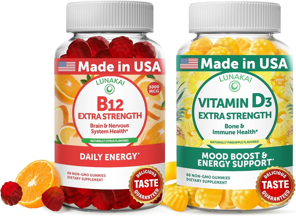 Lunakai Vitamina B12 e Vitamina D3 Gummies Bundle - 3000 mcg B12 e 25 mcg 1000 UI VIT D3 - Sem glúten, Sem xarope de milho, Orgânico, Não-GMO, Gelatina Baseada em Planta Livre