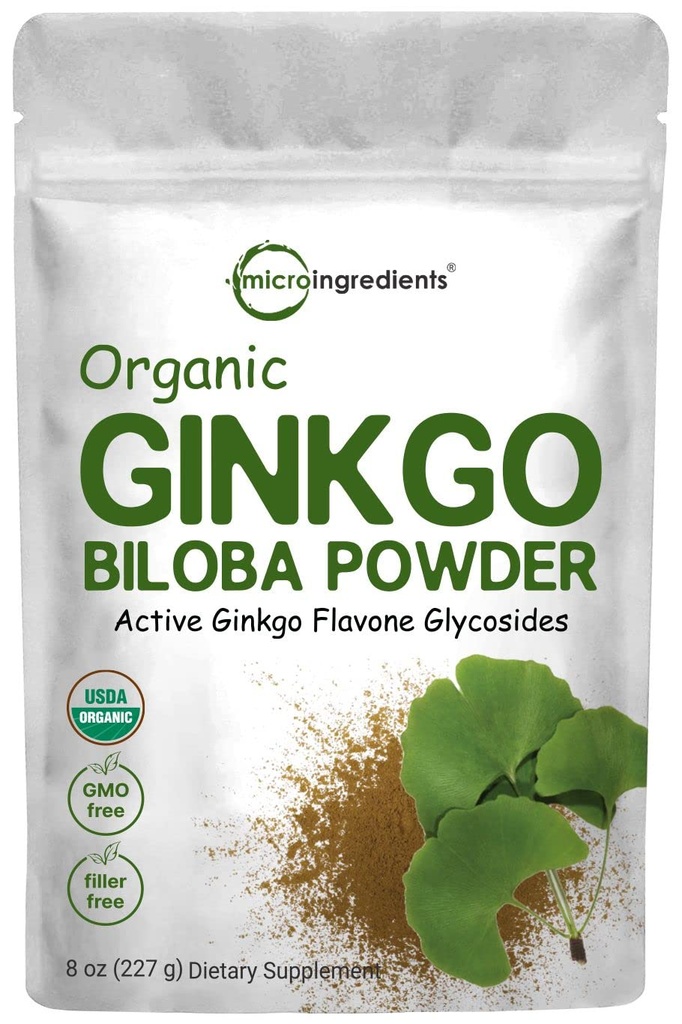 Micro Ingredientes Raw Organic Ginkgo Biloba Pó, 8 Onça (18 Meses Abastecimento), Enchimento livre, Suporta função cerebral e alerta mental, Sem OGM e Vegan Friendly