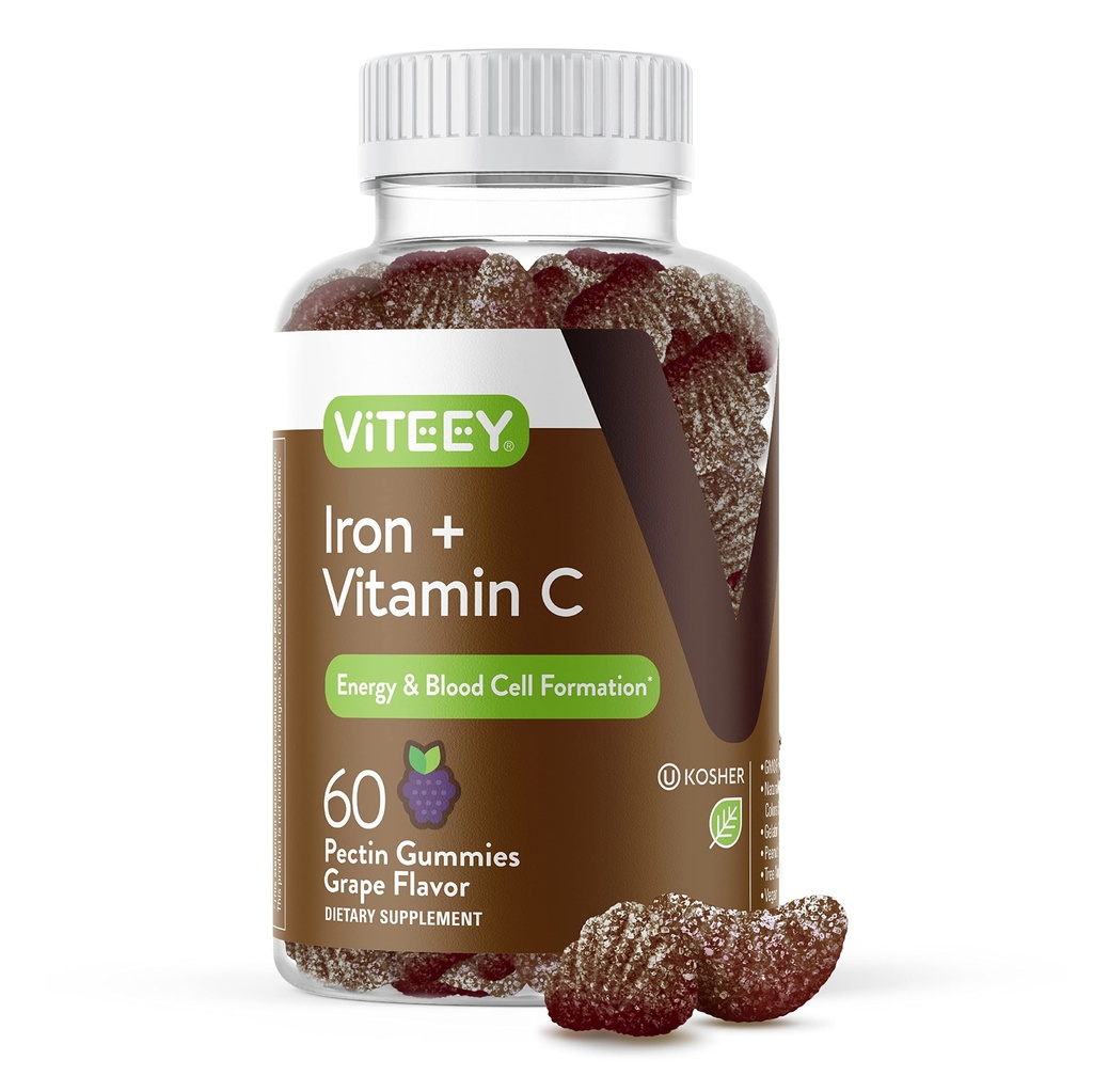 Viteey Pastilhas de Ferro - Ferro com Vitamina C - Energia, Apoio Bood e Suplemento Anemia para Mulheres e Homens - Vegan, Gluten Free - 60 Contagem