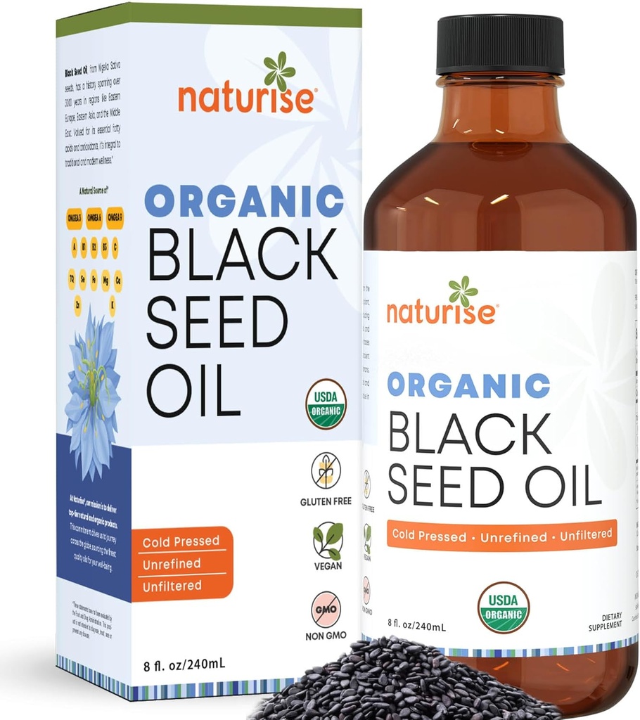 Óleo de semente preta orgânica (Nigella Sativa, semente de cume) não-GMO prensado frio, 8 oz garrafa de vidro fonte de ácidos gordos essenciais, Omega 3 6 9'