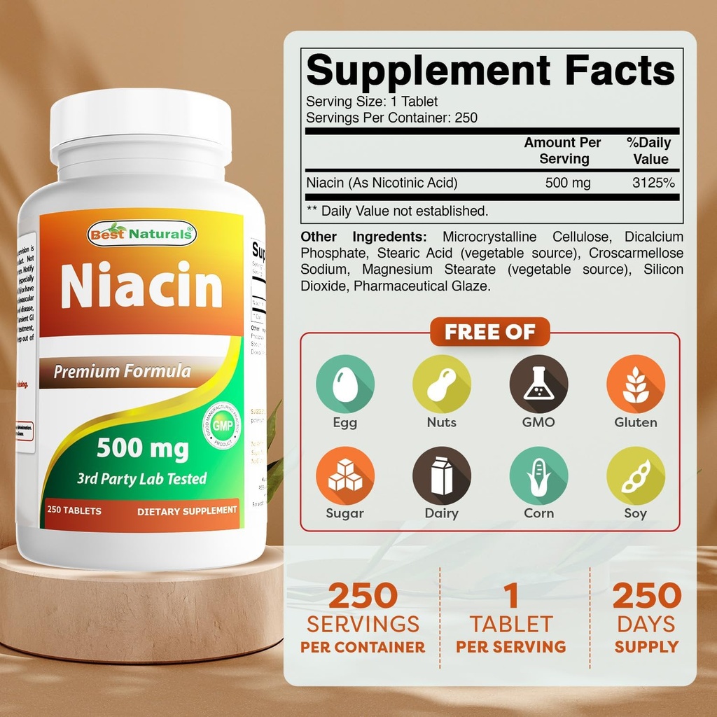 Melhores Naturals Niacin 500mg 250 Comprimidos com Flushing - Também chamado Vitamina B3 (250 Contagem (Pacote de 2))