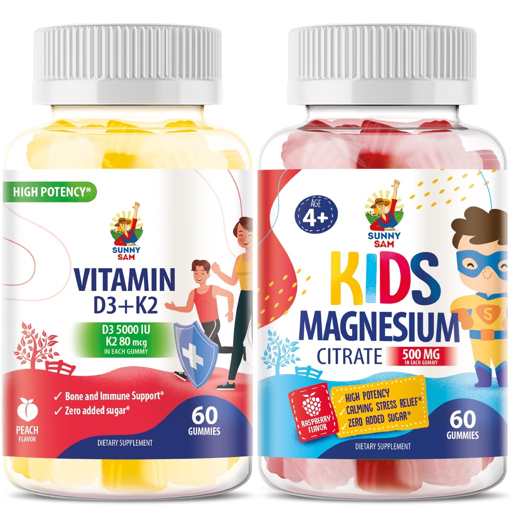 Gummies de magnésio para crianças & vitamina D3 K2 chicletes 5000 UI - Imune & suporte ósseo - Suplemento de vitamina D sem açúcar - alta absorção, Vegan, chicletes sem glúten para adultos
