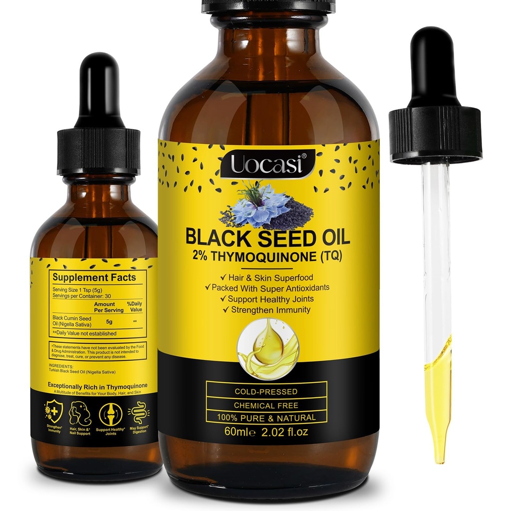 Uocasi Black Seed Oil, frio prensado, 100% puro e natural, crescimento do cabelo e cuidados com a pele, 2.02 Fl Oz