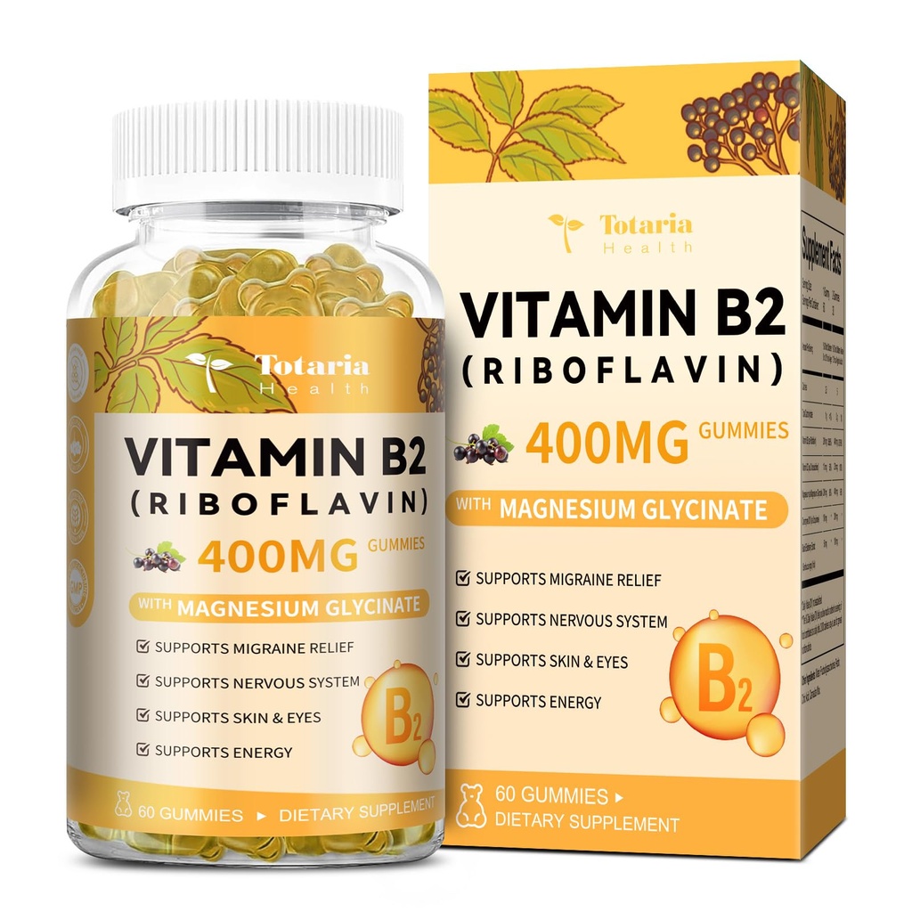 Totaria Vitamina B2 Gummies, Suplemento de 400mg de Riboflavina Livre de Açúcar para Adultos e Crianças com Glicinato de Magnésio 400mg, COQ10 & Elderberry, Pele & Sistema Nervoso Suporte, Não-GMO, 60 Gummies