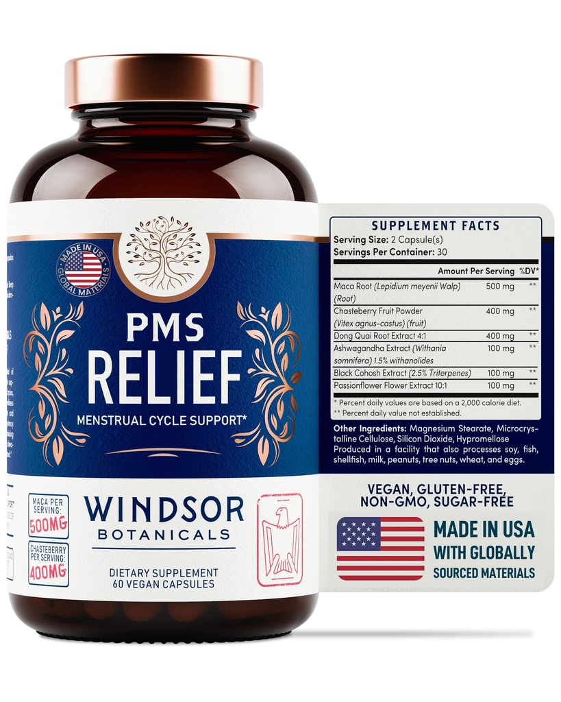 Suplemento de apoio PMS para mulheres com Chasteberry, Maca Root, Ashwagandha - Relief período, Bloating alívio para mulheres, Suporte de humor, Hormone equilíbrio Suplementos de ervas - 30 dia, 60 Cápsulas Vegan