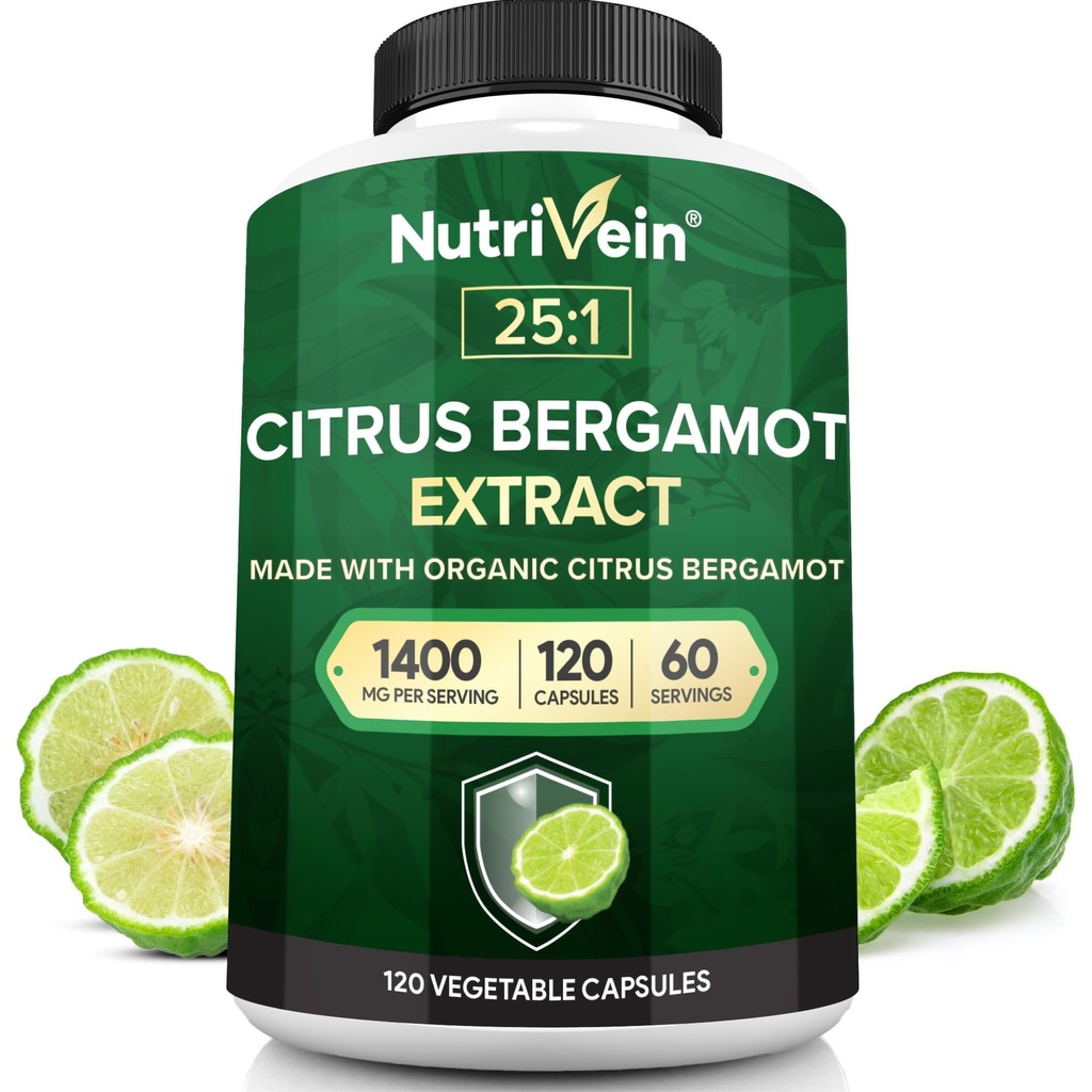 Nutrivein Premium Citrus Bergamot Suplemento 1400mg 25:1 Bergamia Extract - Fonte de 60 dias (120 cápsulas): Citrus italiano poderoso Bergamot 1400 mg+ Alta concentração - Coração e sistema circulatório