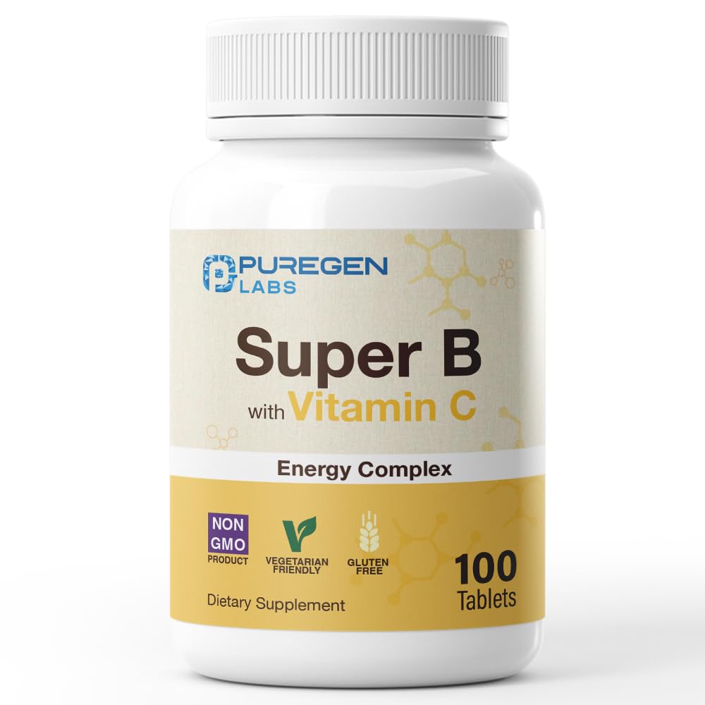 Puregen Labs Super B Complexo Energético com Vitamina C - Saúde Imune, Energia e Suporte do Sistema Nervoso - Não-GMO, 100 comprimidos vegetarianos sem glúten
