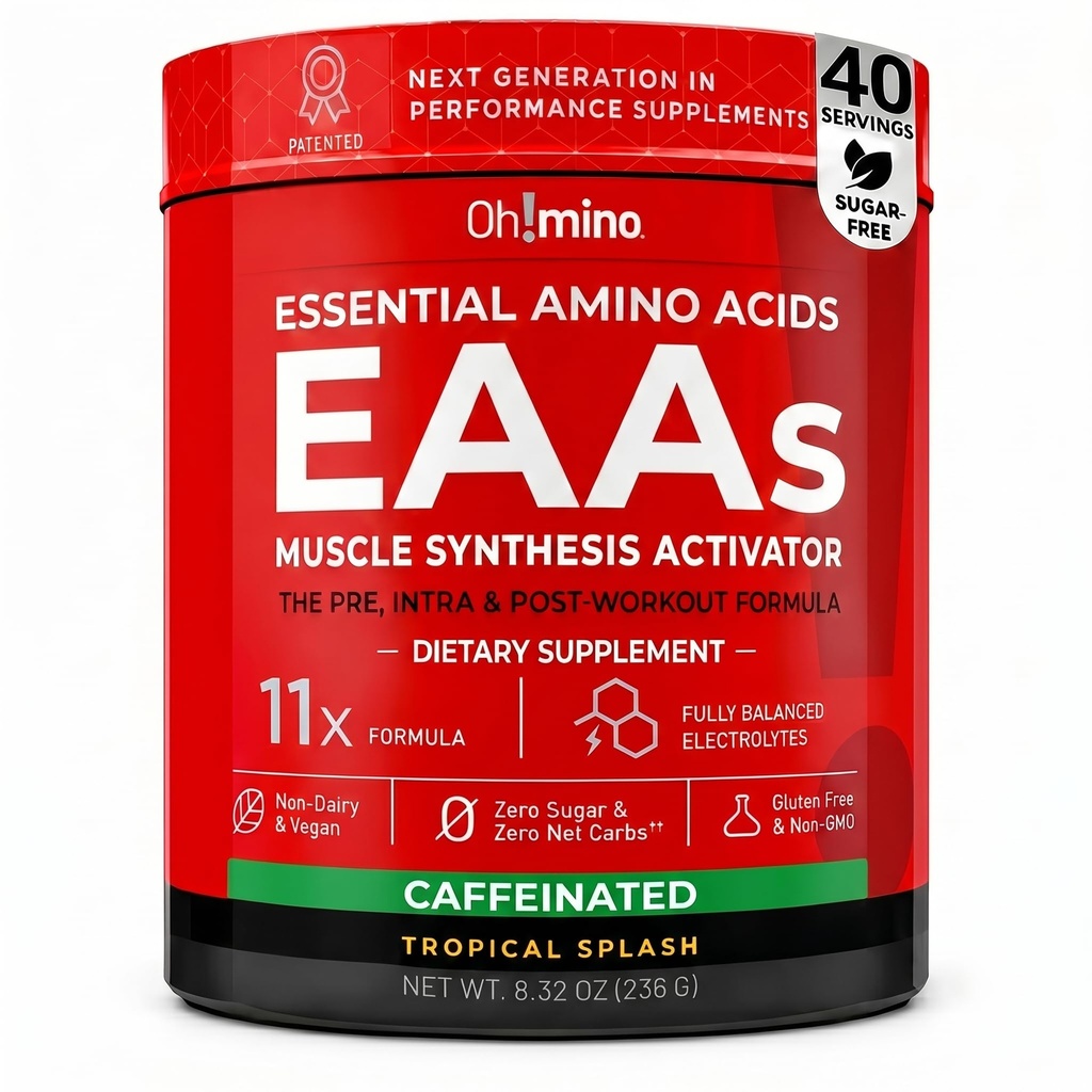 Oh!mino Essential Aminoácidos Suplemento. Splash Tropical, Pó Cafeinado. Todos os 9 EAAs, BCAAs e o Amino perfeito para treinos, Energia Amino, e para construir músculo, e recuperar mais rápido.