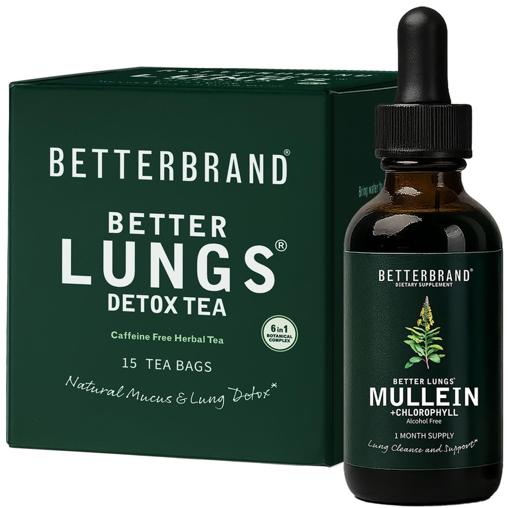 Betterbrand BetterLungs Health Pack - Melhor Detox de Pulmões Chá & Mullein Folha Tintura Drops