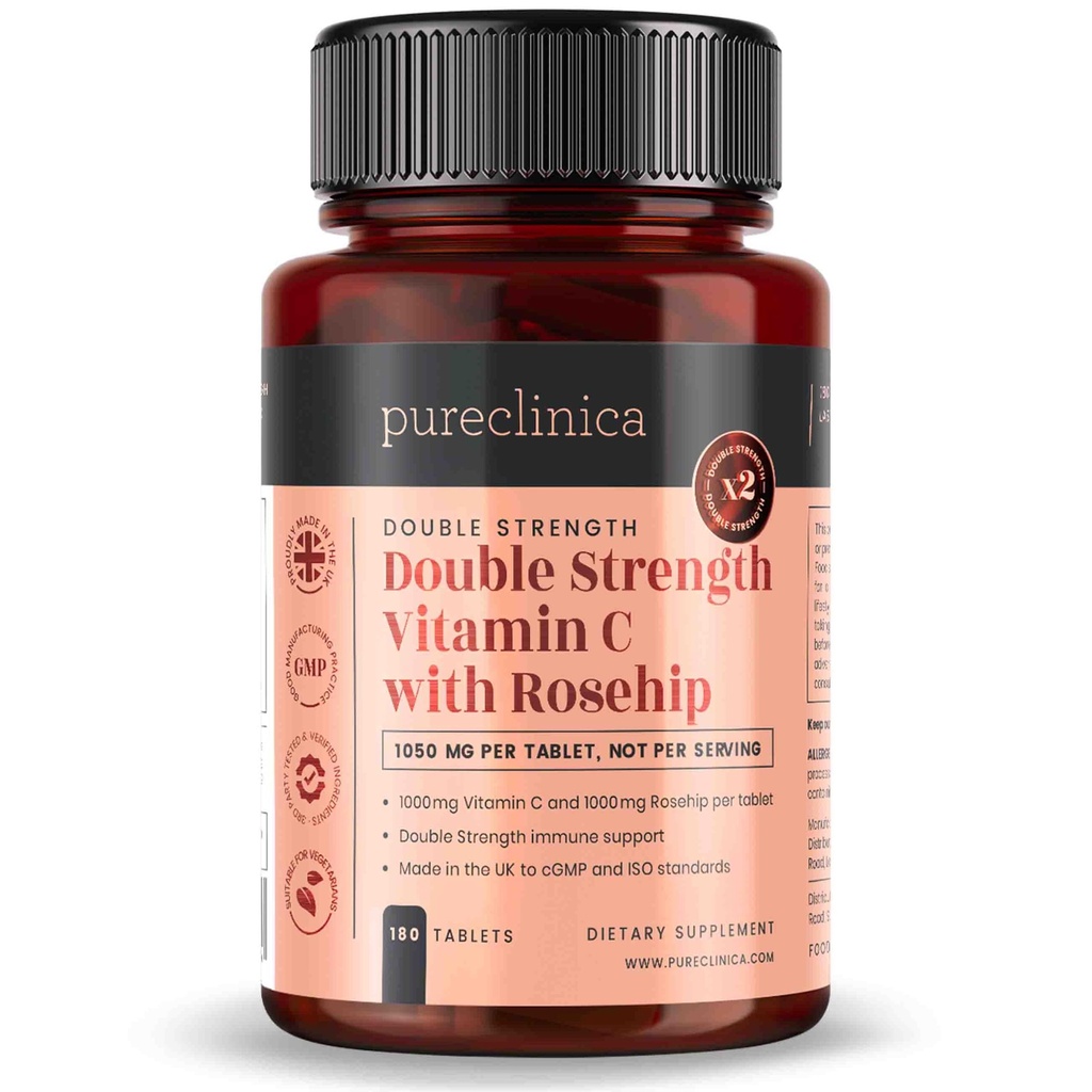 Pureclinica Vitamina C com Rosehip – 2000mg (1000mg VIT C & 1000mg Extrato de Rosehip) x 180 Comprimidos - 6 Meses Fornecimento!