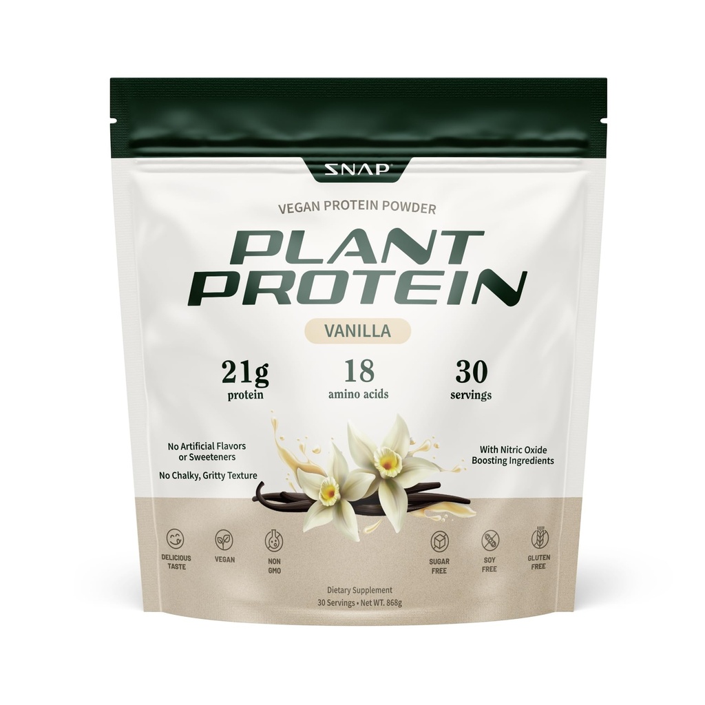 Supplements Snap Organic Plant Based Vegan Protein Powder Nitric Oxide Boosting Protein Powder, Vanilla Bean, BCAA Amino Acid para o crescimento muscular, desempenho e recuperação - 30 Servings (Vanilla)