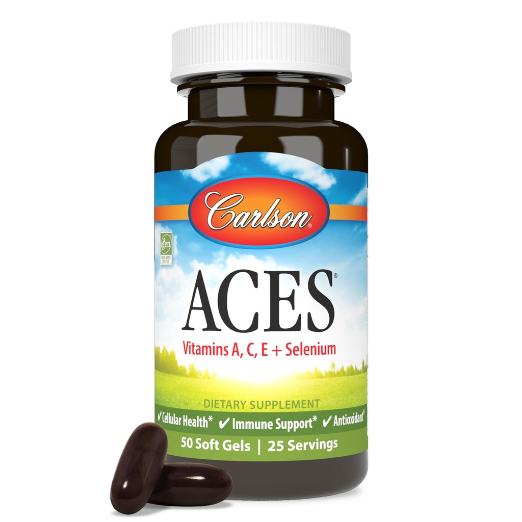Carlson - ACES, Vitaminas A, C, E + Selênio, Saúde Celular e Suporte Imune, Antioxidante, 50 Softgels