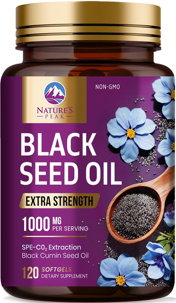 Black Seed Oil 1000mg - Premium Força Extra Nigella Sativa Blackseed Oil - Black Seed Oil Pele, Saúde Digestiva e Suporte Imune - Antioxidante Não-GMO, Suplemento Glúten Grátis - 120 Softgels