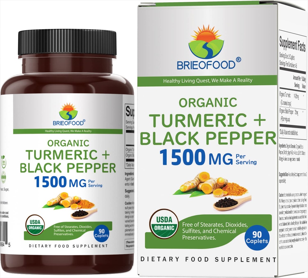 Brieofood Açafrão orgânico com pimenta preta 1500mg, 45 Servings, Vegetarian, Gluten Free, 90 Comprimidos Vegetarianos