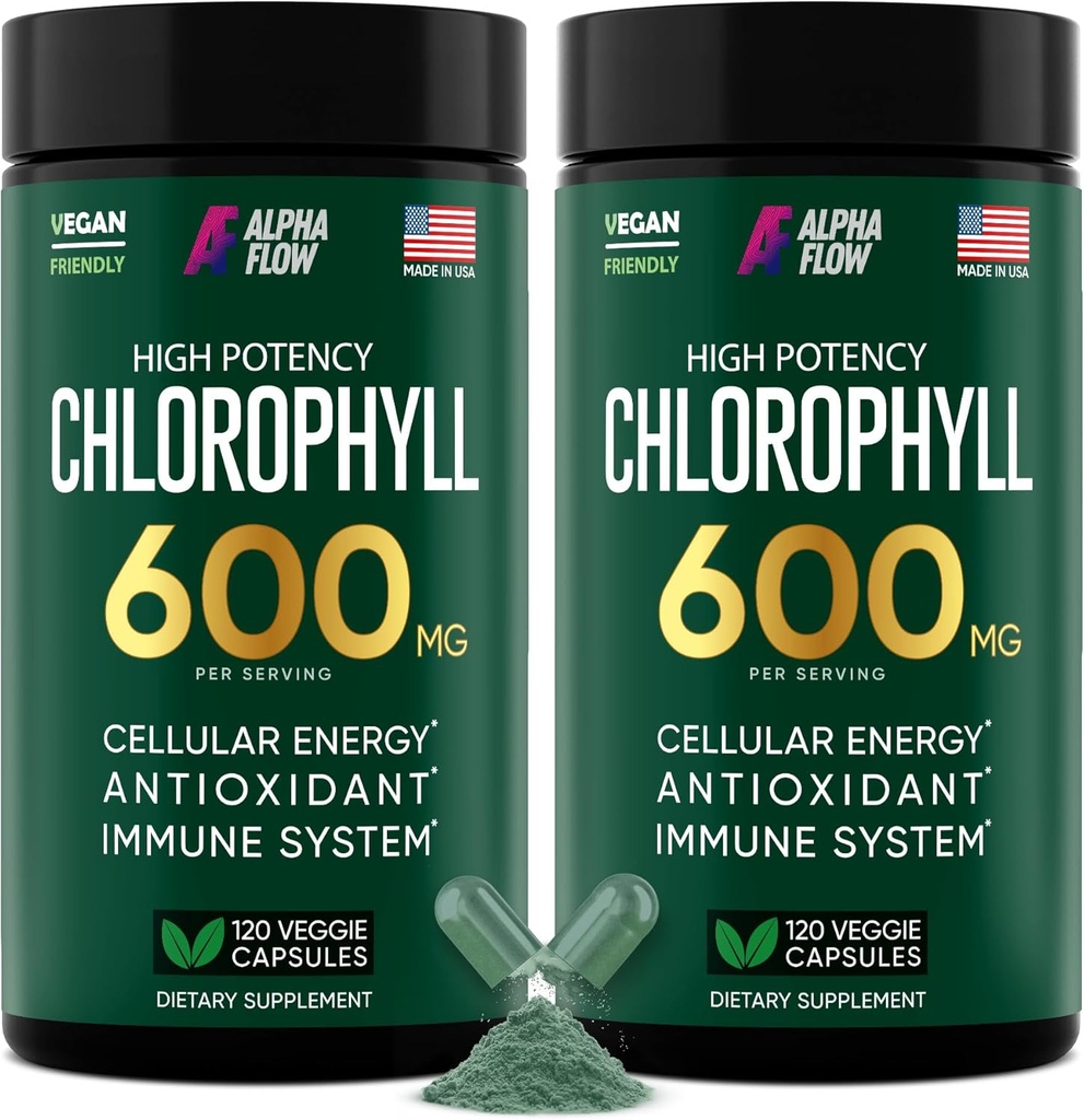 Alpha Flow [2 Pack] Cápsulas de clorofila 600mg - Suplemento de clorofila para energia e pele - Desodorante interno para mulheres e homens - Alternativa para gotas líquidas - 240 comprimidos Vegan