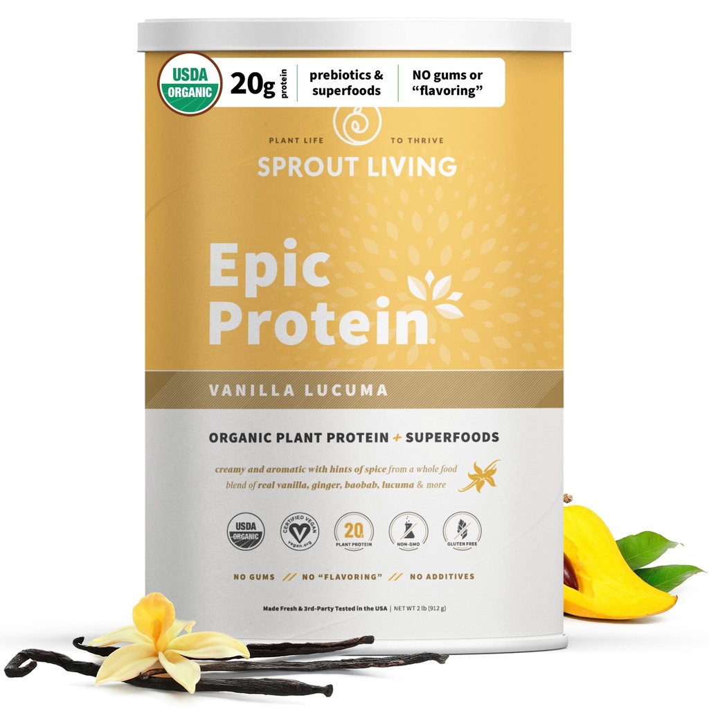 Sprout Vivendo proteína épica, proteína baseada em plantas e superalimentos em pó, Vanilla Lucuma pó, 20 gramas de proteína orgânica em pó, Vegan, Não lácteos, Não-GMO, Glúten livre, Baixo açúcar (2 libras, 24 Servings)