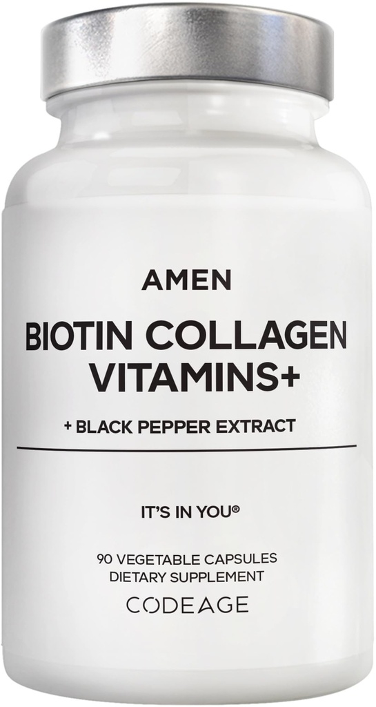 Amem Biotin Collagen Vitaminas+ 10.000 mcg Biotin Suplemento - Colágeno Hidrolisado, Vitaminas C & E, Folato, Ácido Hialurônico, Queratina, HSH, Serra Palmetto - 3-Month Supply - Não-GMO - 90 Cápsulas