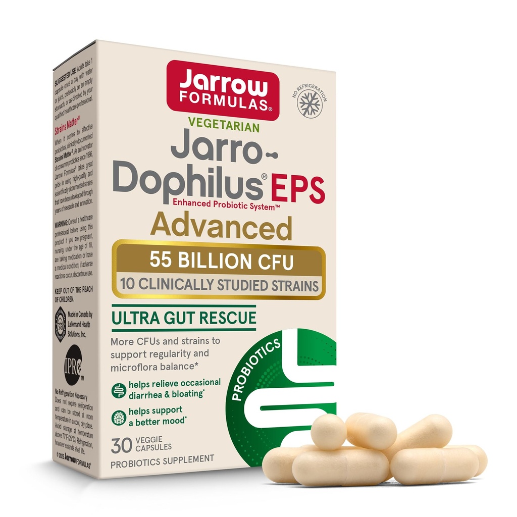 Jarrow Fórmulas Jarro-Dophilus EPS Advanced, 55 bilhões de CFU Probióticos, Suporte Digestivo para Adultos, 30 cápsulas Veggie Suplemento Probiótico, até 30 dias de fornecimento