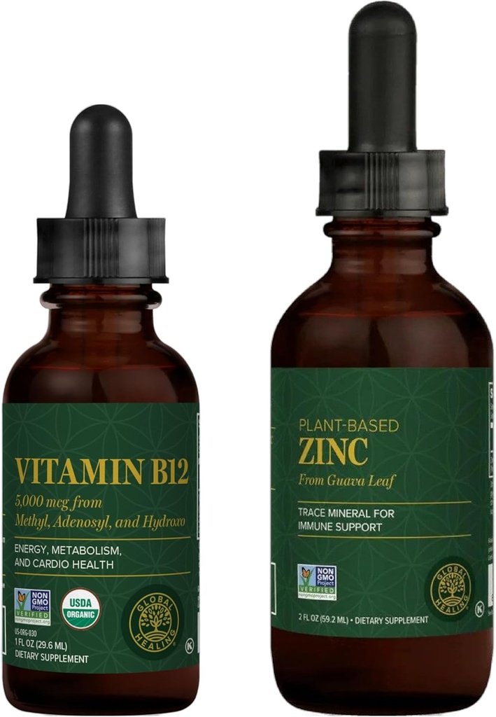 Centro de Cura Global - Vitamina B12 e Kit de Suplemento Líquido de Zinco Orgânico - Energia Longa Lasting, Imune System Boost, Equilíbrio Hormônio