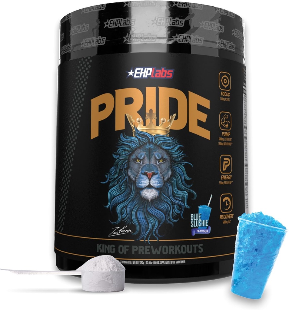 EHP Labs Pride Pre Treino em Pó Suplemento de Energia - Açúcar Free Pré-treino para homens e mulheres, Energia em Pó Boost Bebida com BCAA - 280mg de Cafeína - Azul Slushie (40 Servings)