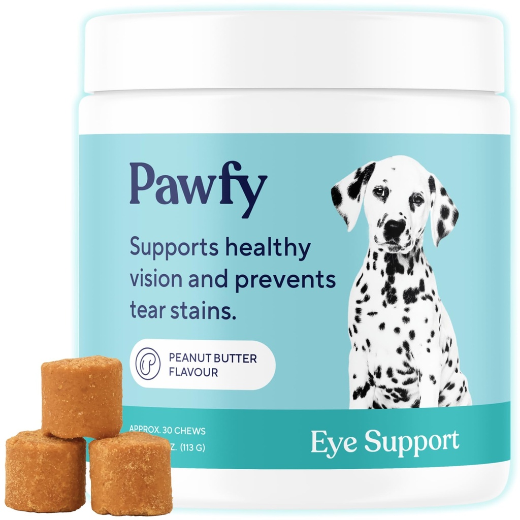 Pawfy Eye Support Macio mastigar Prevenir Manchas Tear □ Apoie Visão geral da saúde dos olhos com Luthein, Krill Oil e Astaxantina