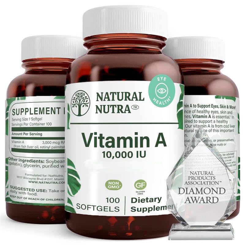 Natural Nutra Vitamina A 10.000 UI Softgels – Vitaminas de olho e pele de alta potência – Sem glúten - Suplemento para Visão e Saúde da Pele – Óleo de fígado de peixe para homens e mulheres, sem glúten 100 Softgels (2 Pack)