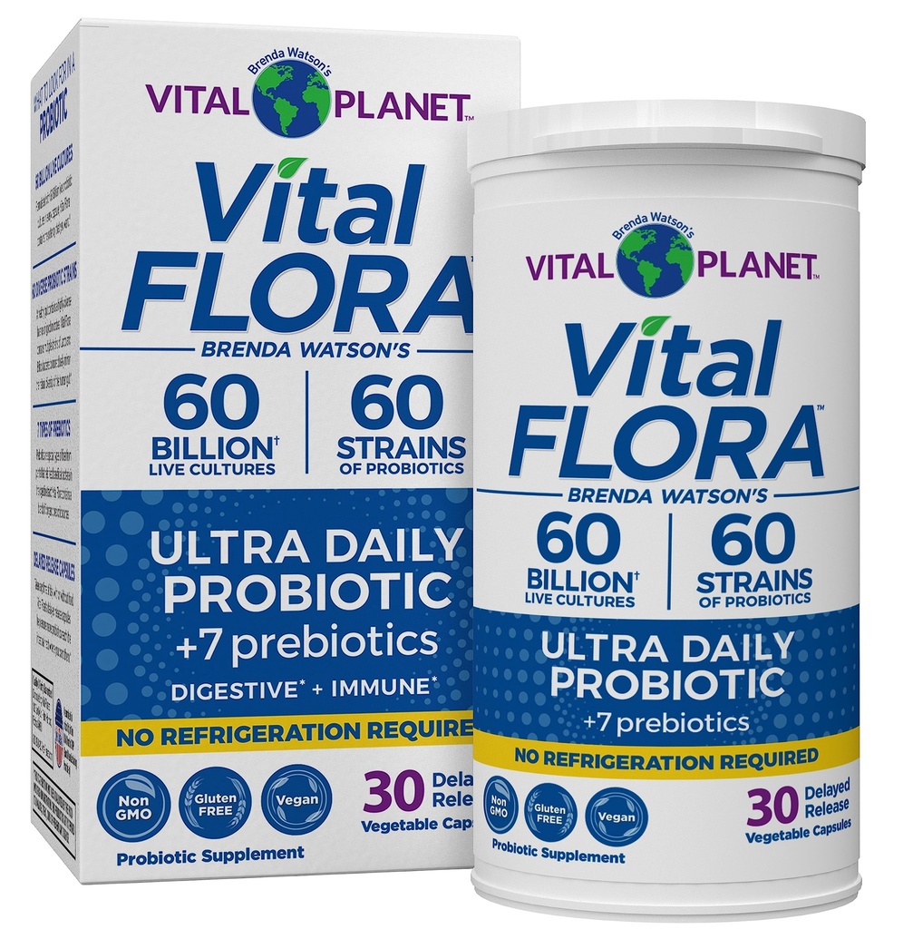 Planeta Vital - Flora Vital Ultra Daily Probiótico 60 bilhões UFC, 60 Strains Diversos, 7 Prebióticos Orgânicos, Suporte Imune, Prateleira Digestiva Saúde Probióticos Estáveis para Mulheres e Homens 30 Cápsulas