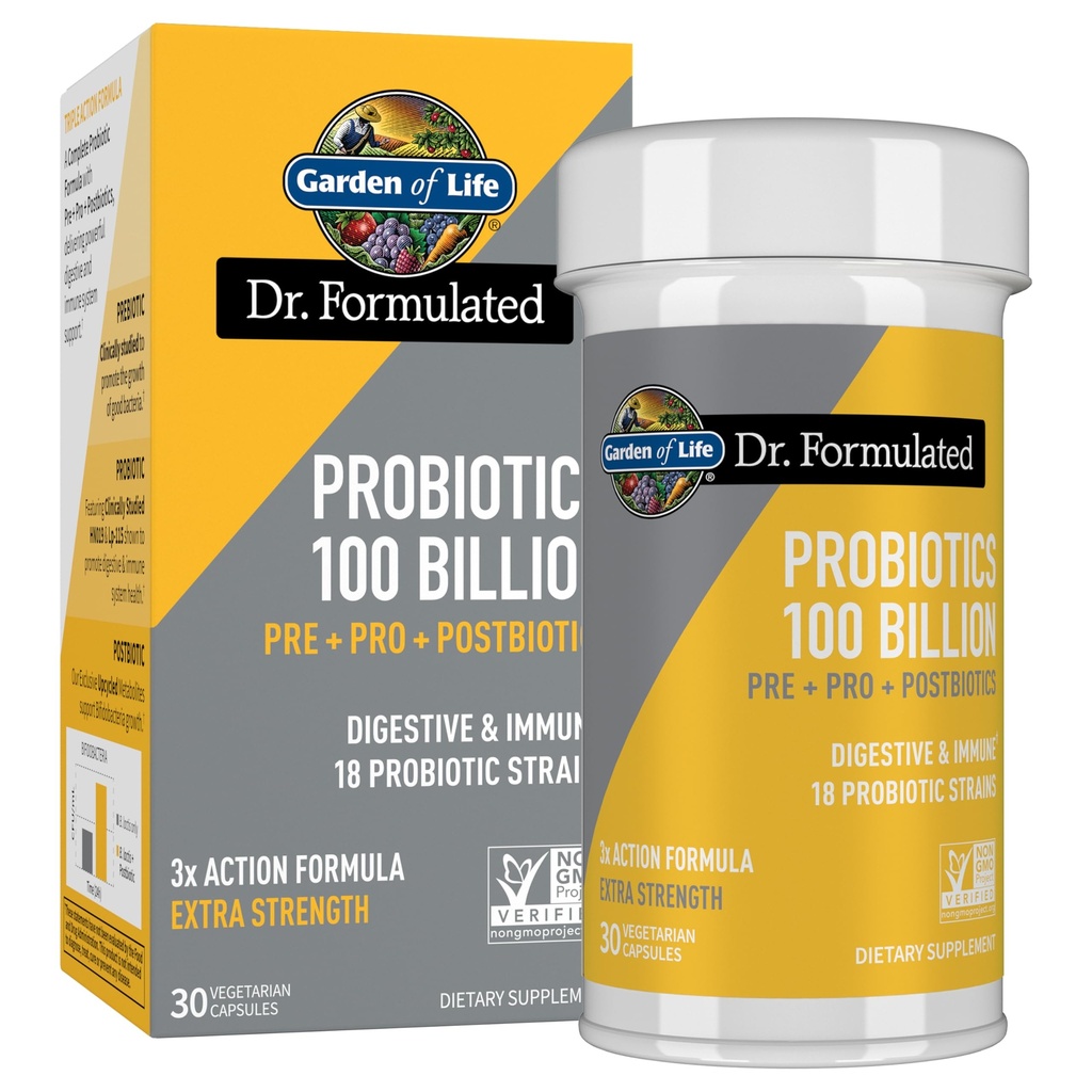 Jardim da vida Dr. Formulado Pré, Post & Probióticos 100 bilhões UFC uma vez diariamente 3-em-1 Probióticos completos, Prebióticos & Postbióticos Suplemento para mulheres e homens – Força extra, 30 dias de fornecimento