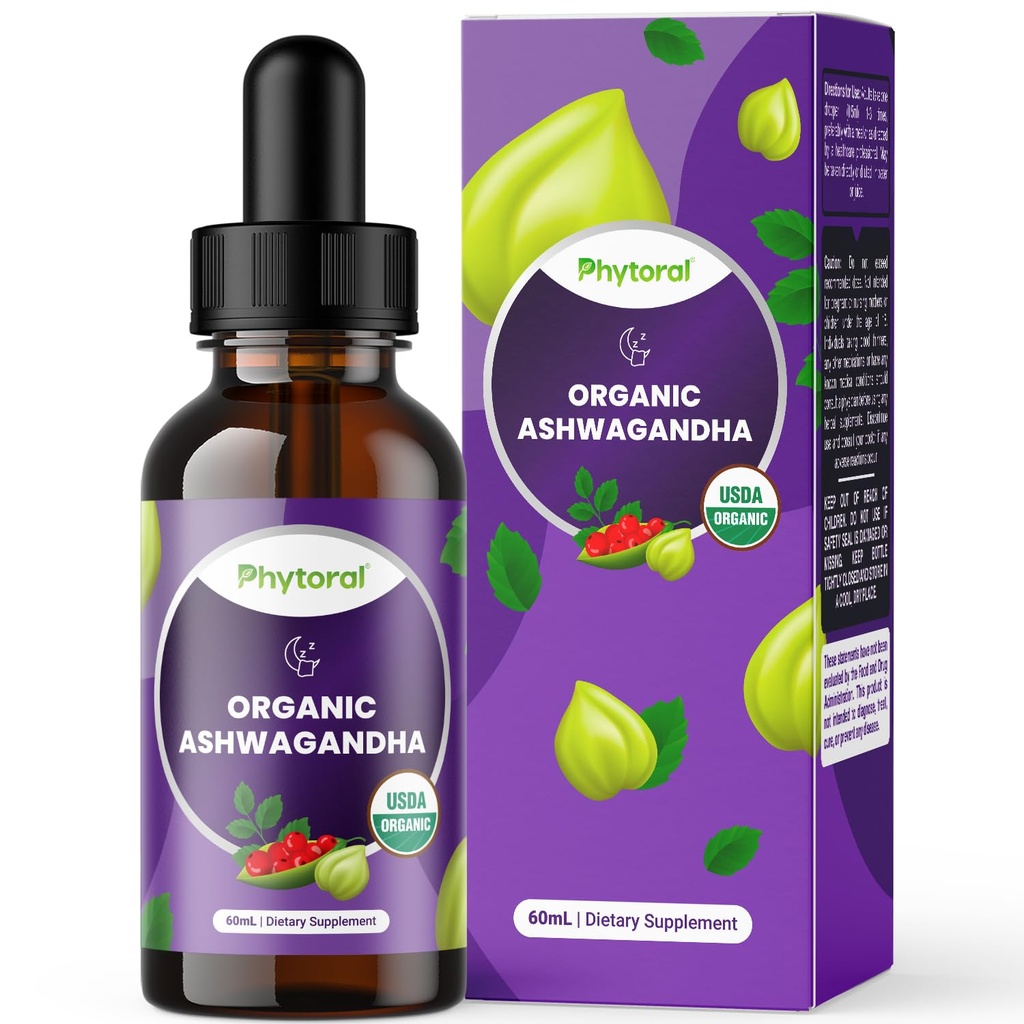 Phytoral orgânico Ashwagandha líquido gotas para adultos - Potente líquido Ashwagandha raiz Extrato para energia e apoio ao humor - Tintura Vegan Não-GMO Gluten & Alcohol-free (120 Servings)