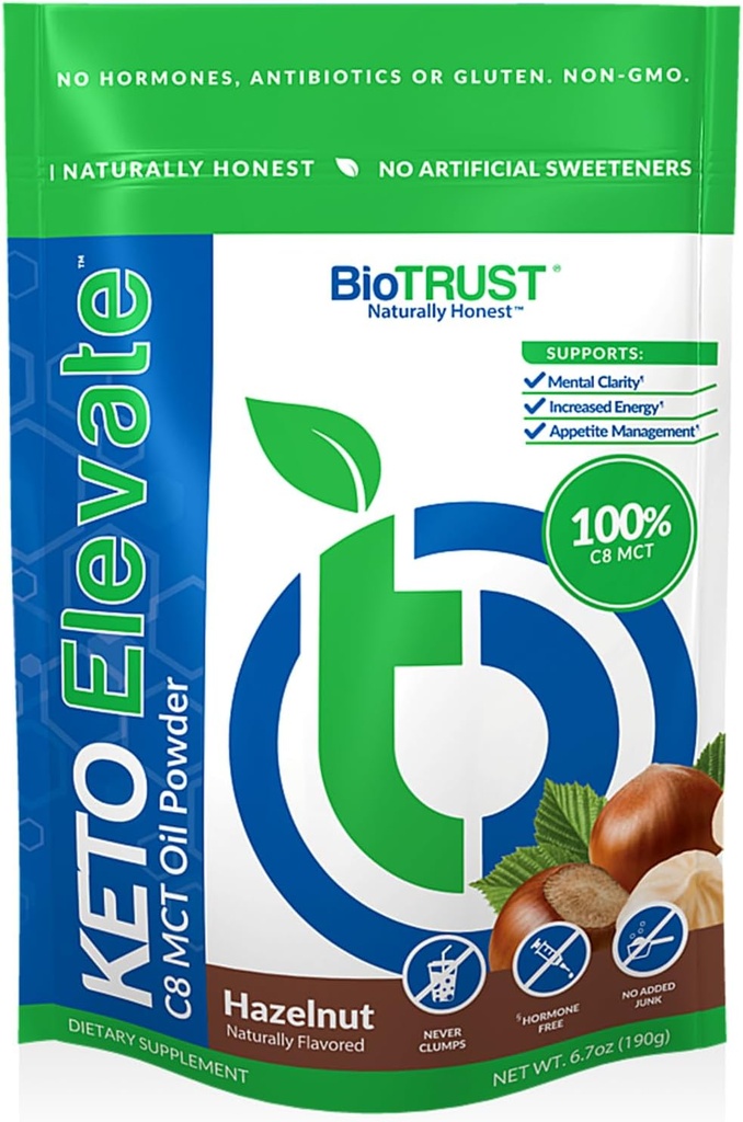 BioTrust Keto Elevate – Pó de óleo C8 MCT – Ketogenic MCT Cafe Creamer, Keto Cafe Creamer – Clean Energy, Mental Focus & Clarity – 100% Caprylic Acid MCT Powder, Non-GMO (Hazelnut, 20 Servings)