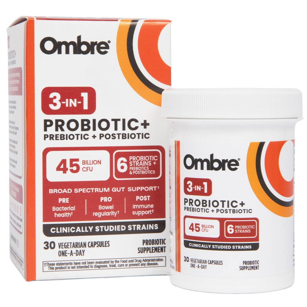Ombre 3-em-1 Probiótico, Prebiótico e Postbiótico para Saúde Digestiva & Gut Health - 45 bilhões UFC - Bloating, Obstipação e alívio de gás - Suporte Metabólico e Imune para Mulheres e Homens, 30 dias de fornecimento