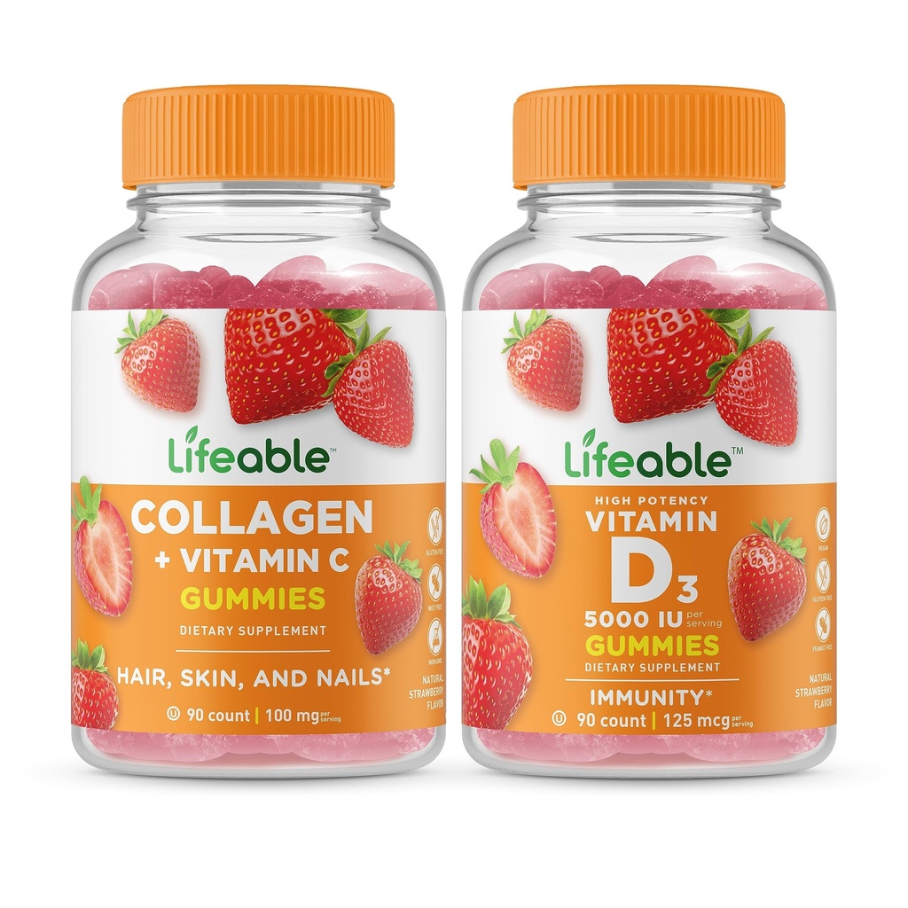 Colágeno vitalício e Vitamina C + Vitamina D 5000 UI, Gummies Bundle - Grande Degustação, Suplemento Vitamina, Sem Glúten, GMO Livre, Gummy mastigável