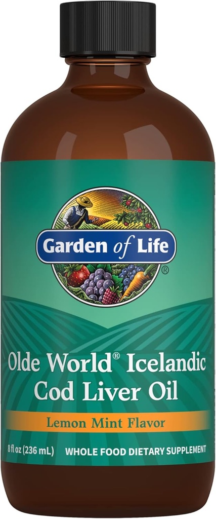 Jardim da Vida Velho Mundo Islandês Bacalhau Óleo de fígado líquido - Limão sabor de hortelã - 1.000mg Omega 3 óleo de peixe, ácidos gordos, EPA, DHA, vitamina D & A, CLO Suplementos para saúde Hearth, 47 Servings
