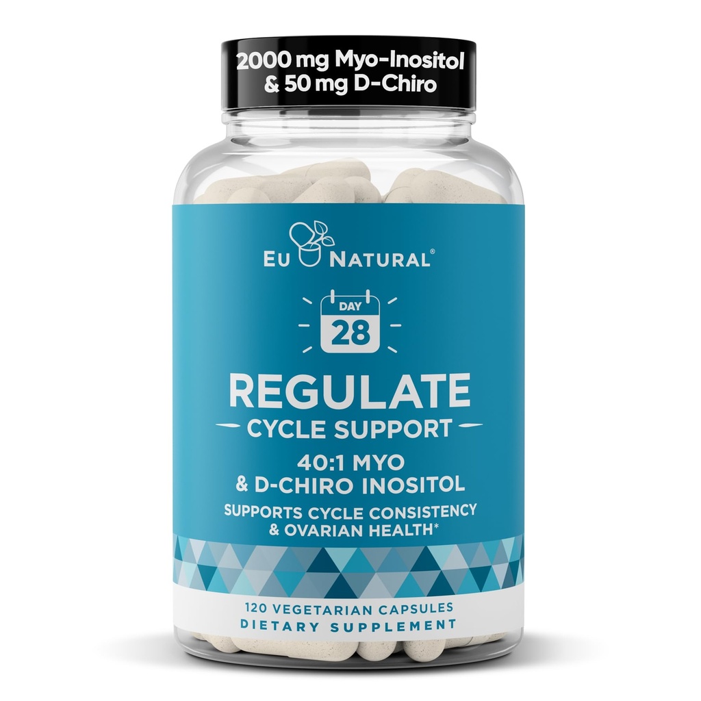 Regular suporte do ciclo – Equilíbrio hormonal para as mulheres em Optimal 40:1 Myo-Inositol 2000 mg & D-Chiro Inositol 50 mg – Suplemento para o período de consistência, suporte Menstrual & Ovulação – 120 Cápsulas Vegan