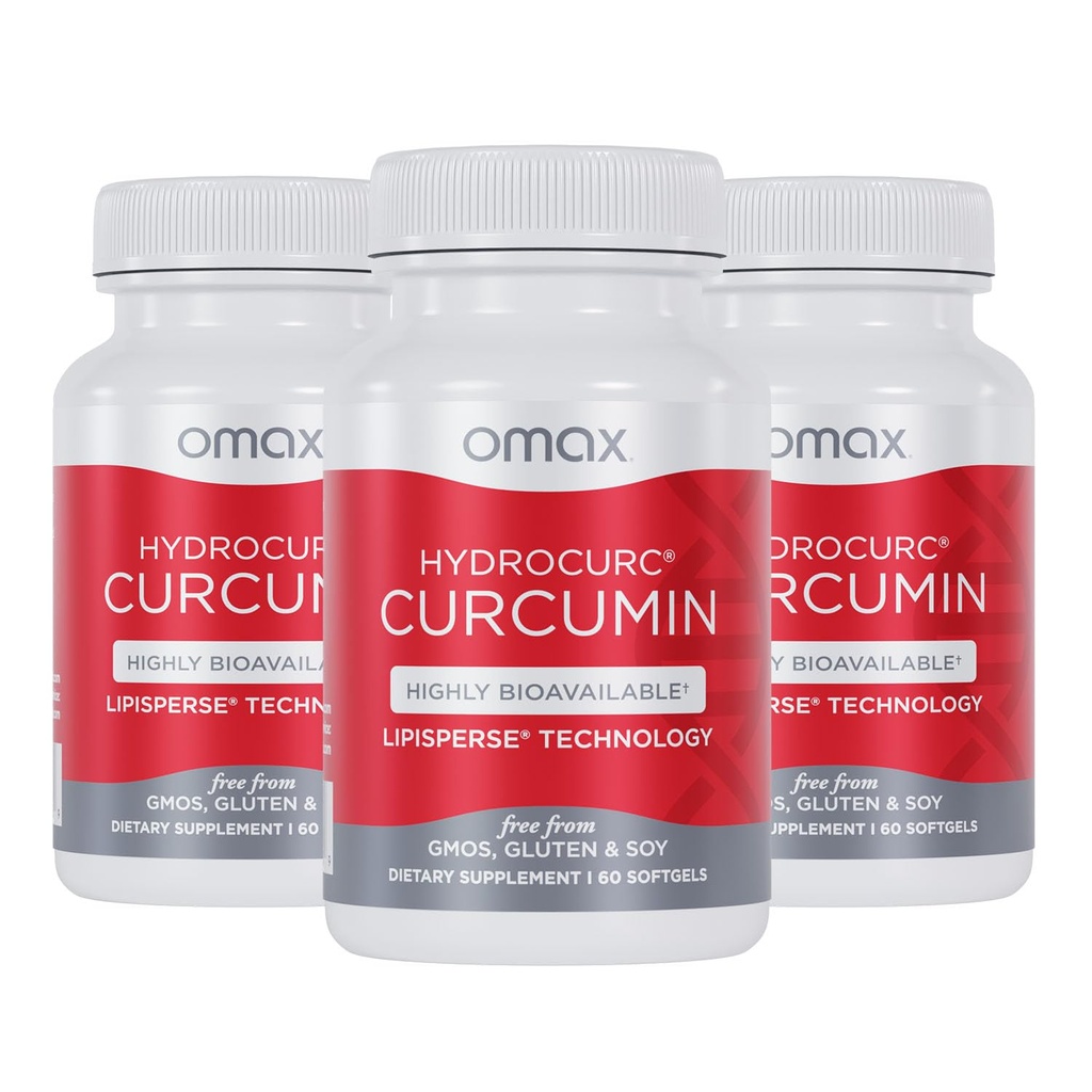 Omax3 HydroCurc Curcumin Softgels, Nanopartícula de óleo MCT altamente biodisponível para potência e absorção, Saúde Conjunta, 180 Softgels (3 Pack)