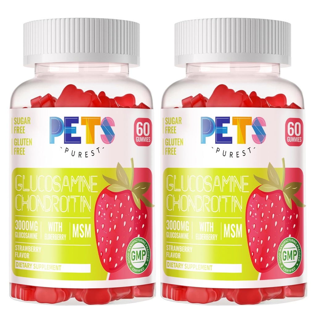Animais de estimação Purest Glucosamine Condroitin Gummies com HSH & Elderberry Força Extra - Apoio Conjunto, Suplemento de suporte imunológico antioxidante para adultos, homens e mulheres.(2 Pack) Morangueiro