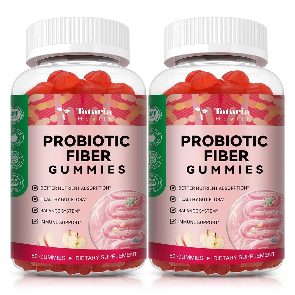 9-em-1 Gummies de fibra probiótica para adultos e adolescentes 16G fibra por serviço, Psyllium Fiber Supplement com 5 bilhões UFC Bacillus Coagulans, Inulin, ACV para Digestive, Gut & Imune Wellness - 2 garrafas