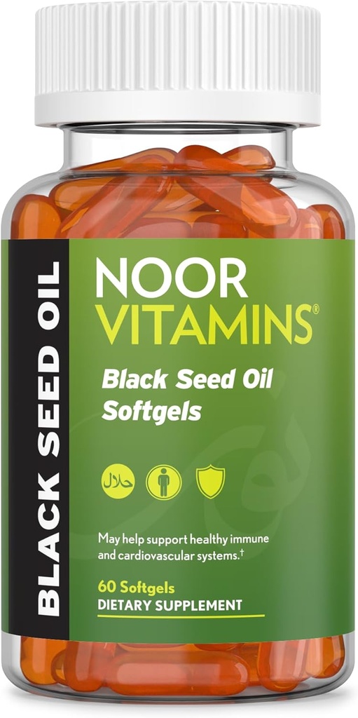 Noor Vitaminas Halal Black Seed Oil Cápsulas, Halal Vitaminas, 1000 mg Black Seed Oil de Nigella Sativa, Thymoquinone, Non-GMO, Gluten Free, 60 Count