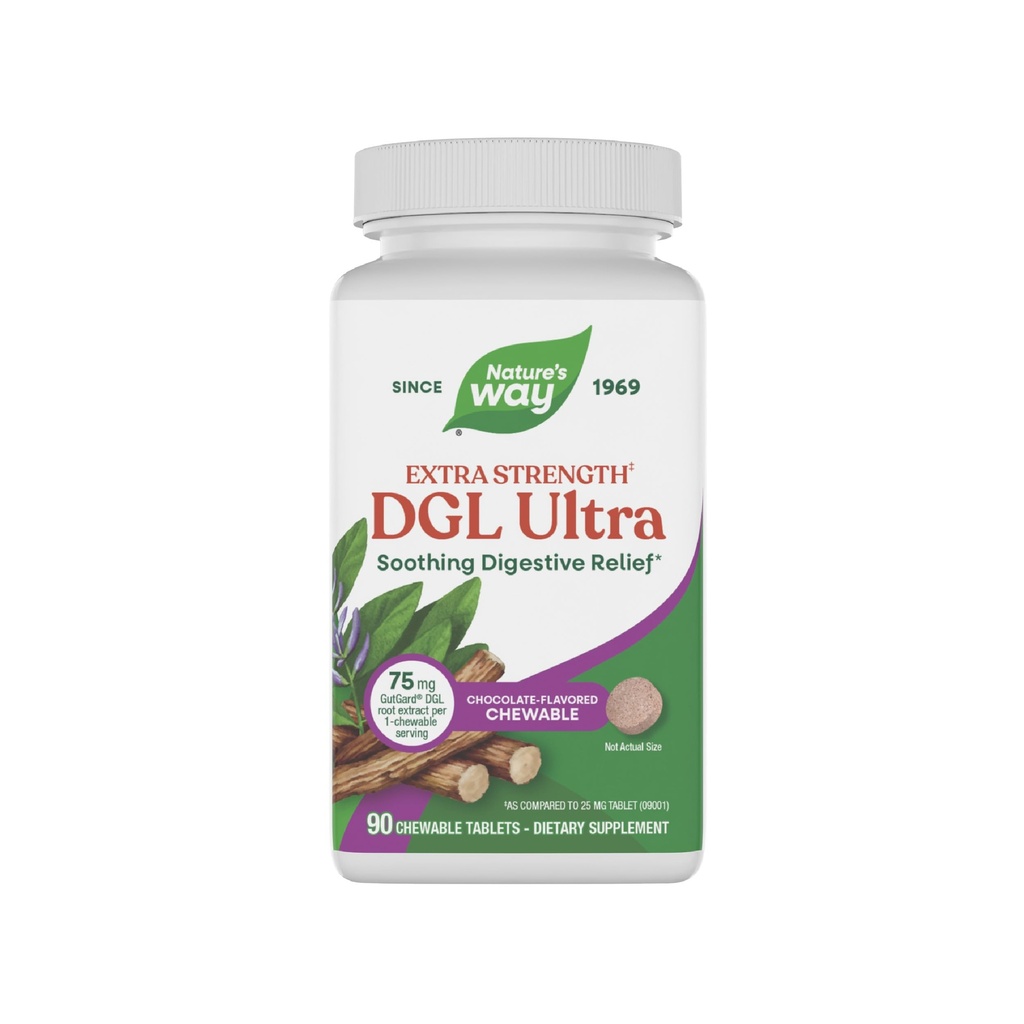 Nature's Way DGL Ultra Extra Strength**, Extrato de raiz de alcaçuz Premium, Alivio digestivo calmante *, com Gutgard, Vegan & Gluten Free, Chocolate sabor, 90 comprimidos mastigáveis (Packaging May Vary)