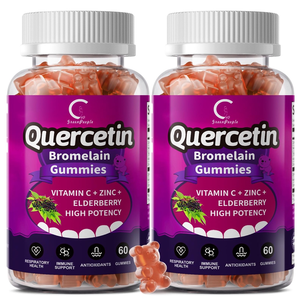 Quercetin Gummies - Quercetin com bromelaína, vitamina C, zinco e elderberry, reforço do sistema imune da força extra, suplemento do suporte do pulmão para crianças adultas - 60 Quercetin Gummies (2 pacote)