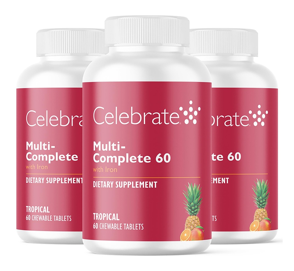 Celebre Vitaminas Multi-Completos Mastigáveis, 60mg Ferro – Multivitamínico Bariátrico Diário para Gastrectomia de manga e Cirurgia de Bypass gástrico – Vitaminas Essenciais & Minerais - Tropical (180 Tablets)