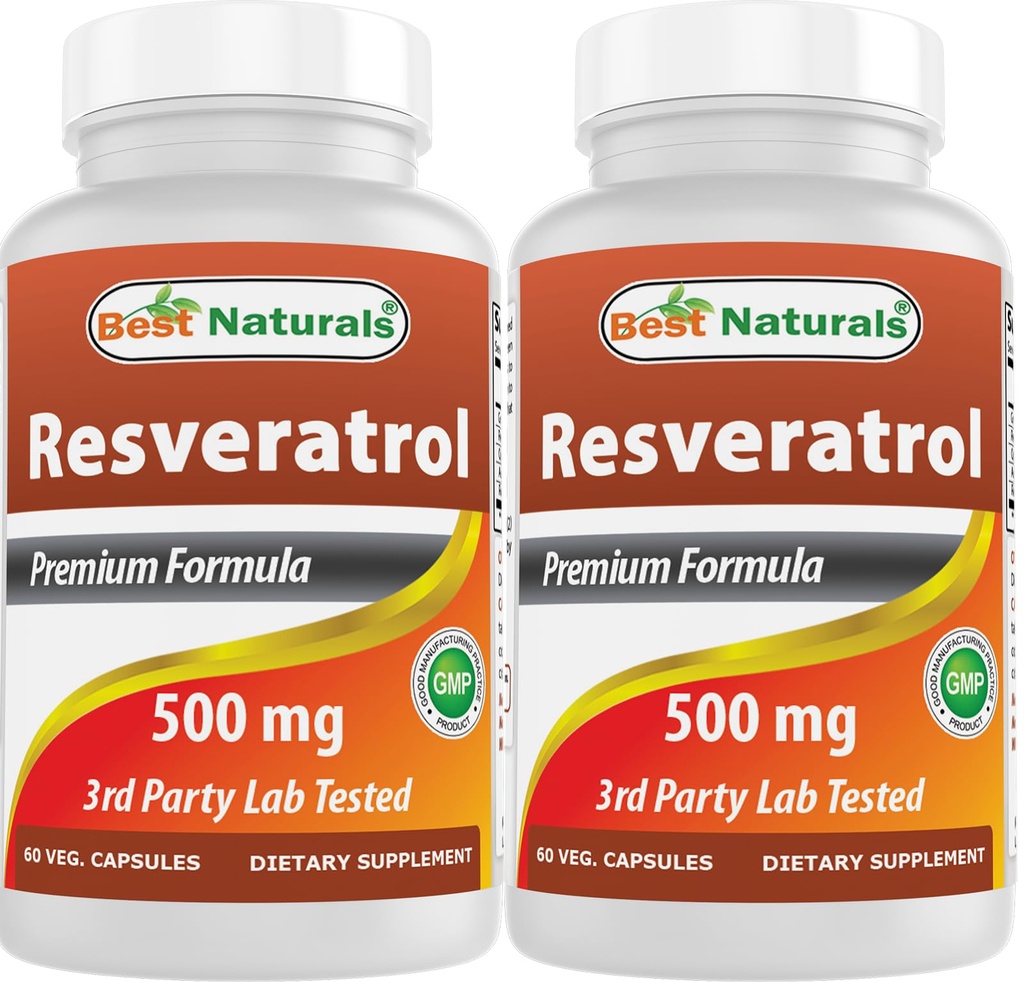 Best Naturals 2 Packs Resveratrol Complex 500 mg 60 Veg Cápsulas Fabricadas com Pele de Uva, Vinho tinto, Quercetina - Gluten Free & Non GMO - (Total 120 Cápsulas)