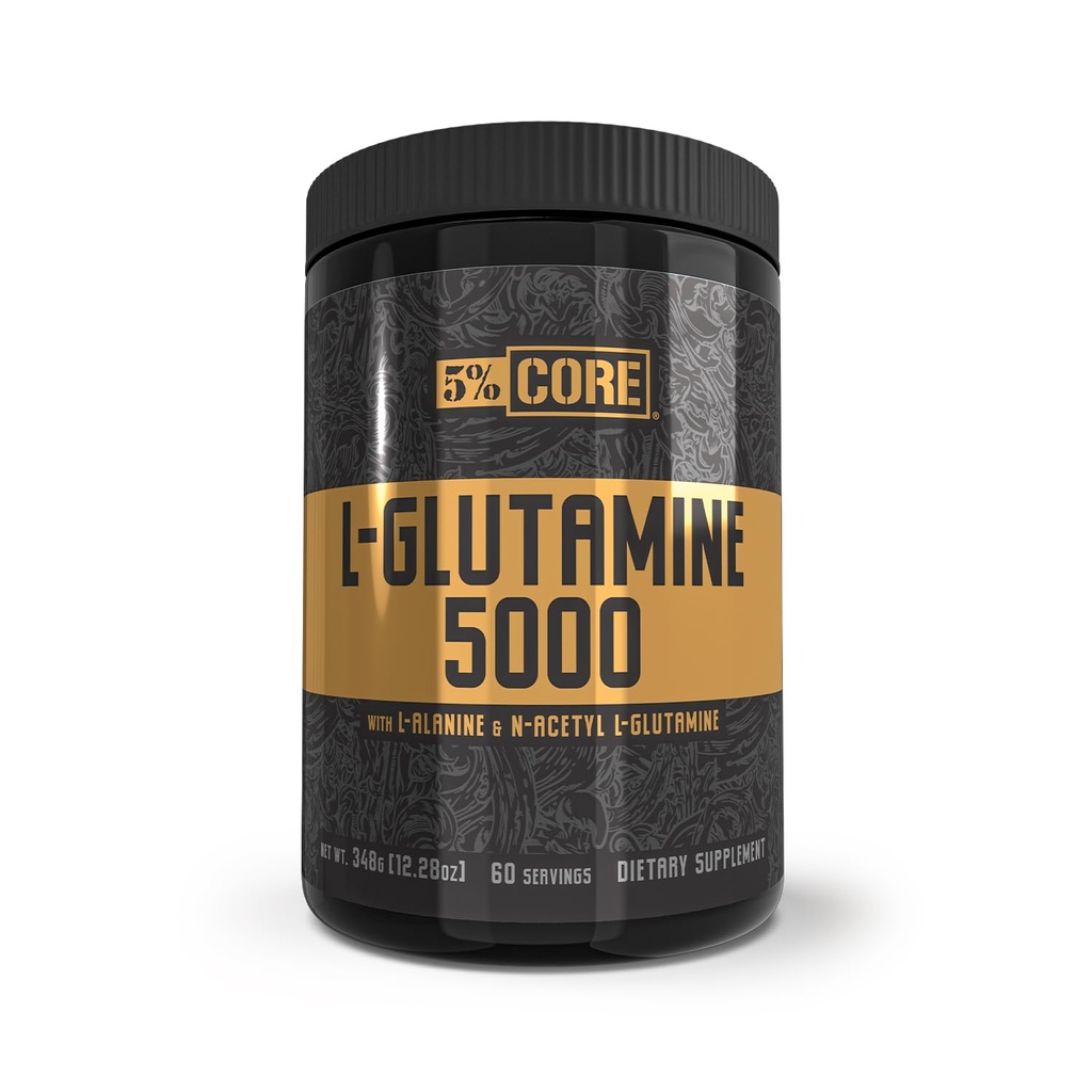 5% Nutrition Core L-Glutamina 5000 Suplemento w/L-Alanine □ Imune & Digestive Support □ Amino Acid Muscle Builder pós-treino Recuperação □ Sem sabor (60 Servings)
