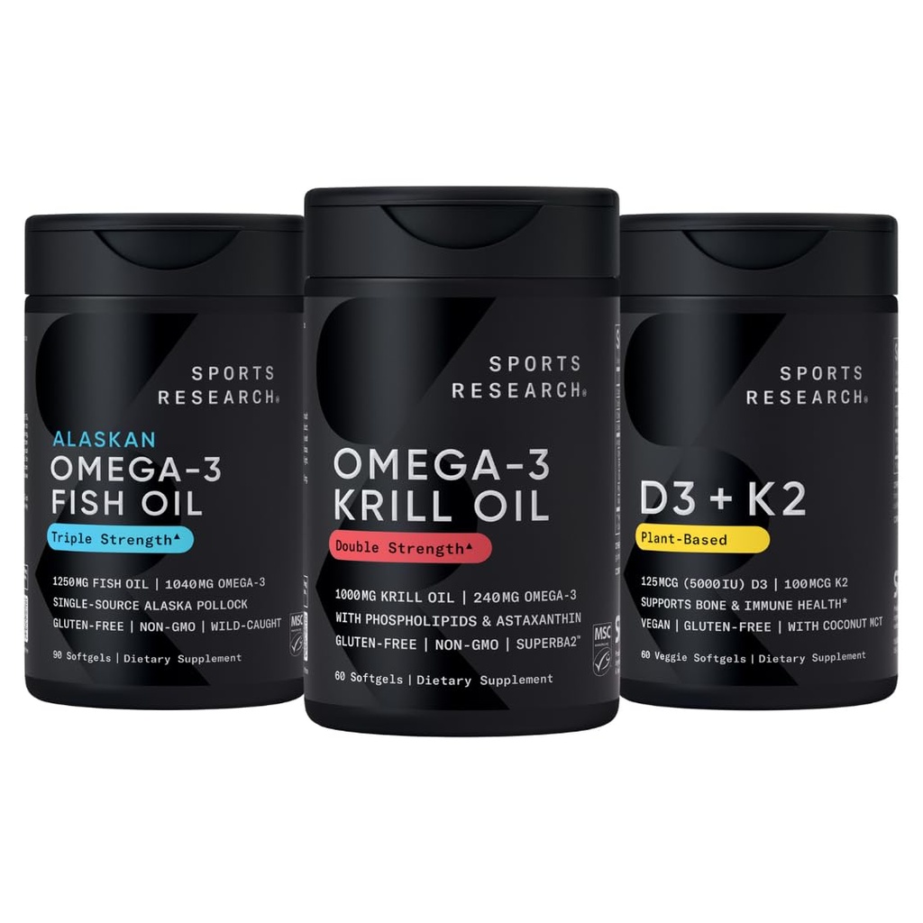 Pesquisa esportiva Antártica Krill Oil Omega 3 1000mg (Força dupla) com fosfolipídios, cholina e astaxantina, Tripla Força Omega 3 óleo de peixe única fonte selvagem Alasca Pollock 1250mg, Vitamina D3 K2