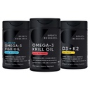 Pesquisa esportiva Antártica Krill Oil Omega 3 1000mg (Força dupla) com fosfolipídios, cholina e astaxantina, Tripla Força Omega 3 óleo de peixe única fonte selvagem Alasca Pollock 1250mg, Vitamina D3 K2