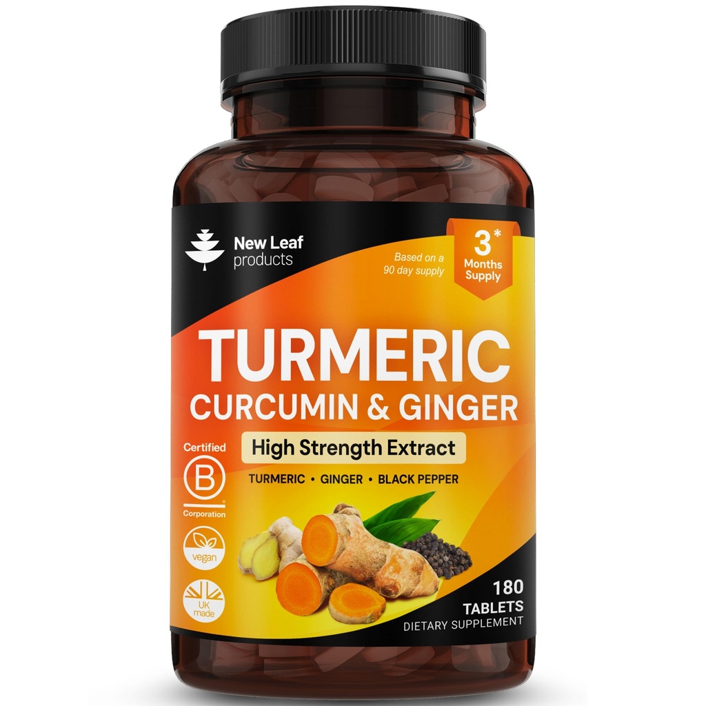 Comprimidos de Açafrão com Pimenta Preta & Ginger - Curcumina - 180 Comprimidos de Açafrão e Pimenta Preta (3 meses) Suplementos de Açafrão Ativo de Alta Força Não Cápsulas, por New Leaf