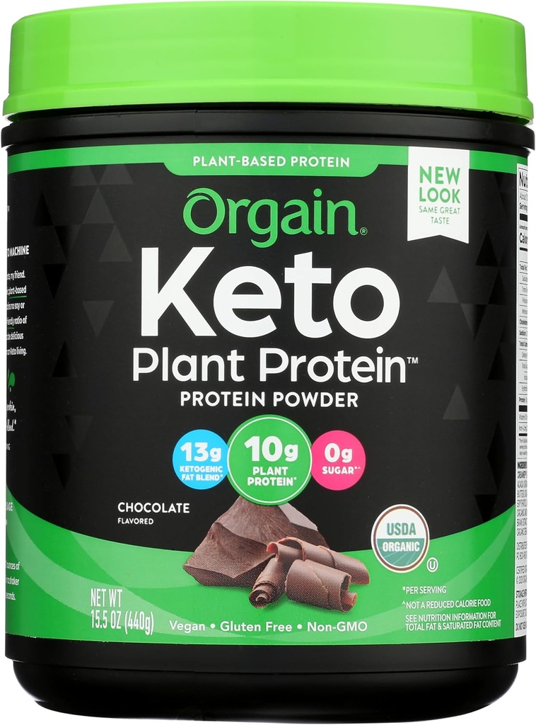 Orgain Organic Keto Vegan Protein Powder, Chocolate - 10g Planta Based Protein, 0g Açúcar*, Abacate & Óleo de coco, Sem glúten, Sem leite, Lactose ou Ingredientes de soja, Para smoothies & Shakes, 0,97lb